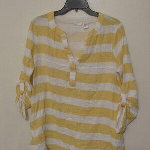 Kaktus Crinkle Tuni Top Women Butter Yellow Stripe Medium Henley Lagenlook